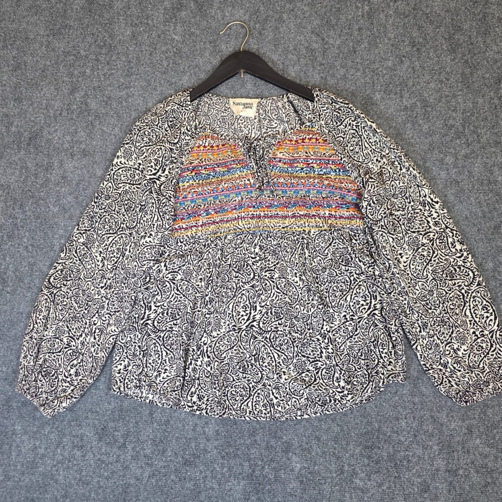 Savanna Jane Blouse Women Large Black White Paisley Long Sleeve Embroidered Boho